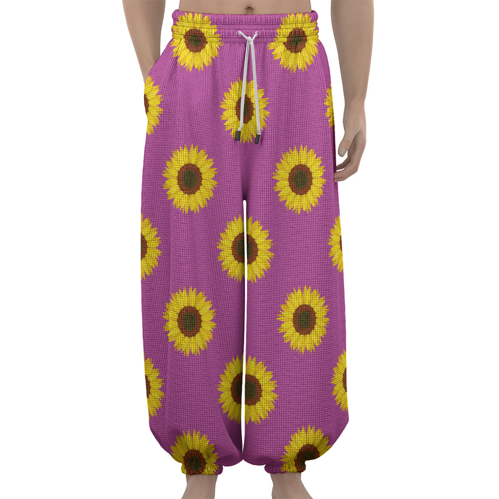 Magenta Pink Sunflower Pattern Print Lantern Pants