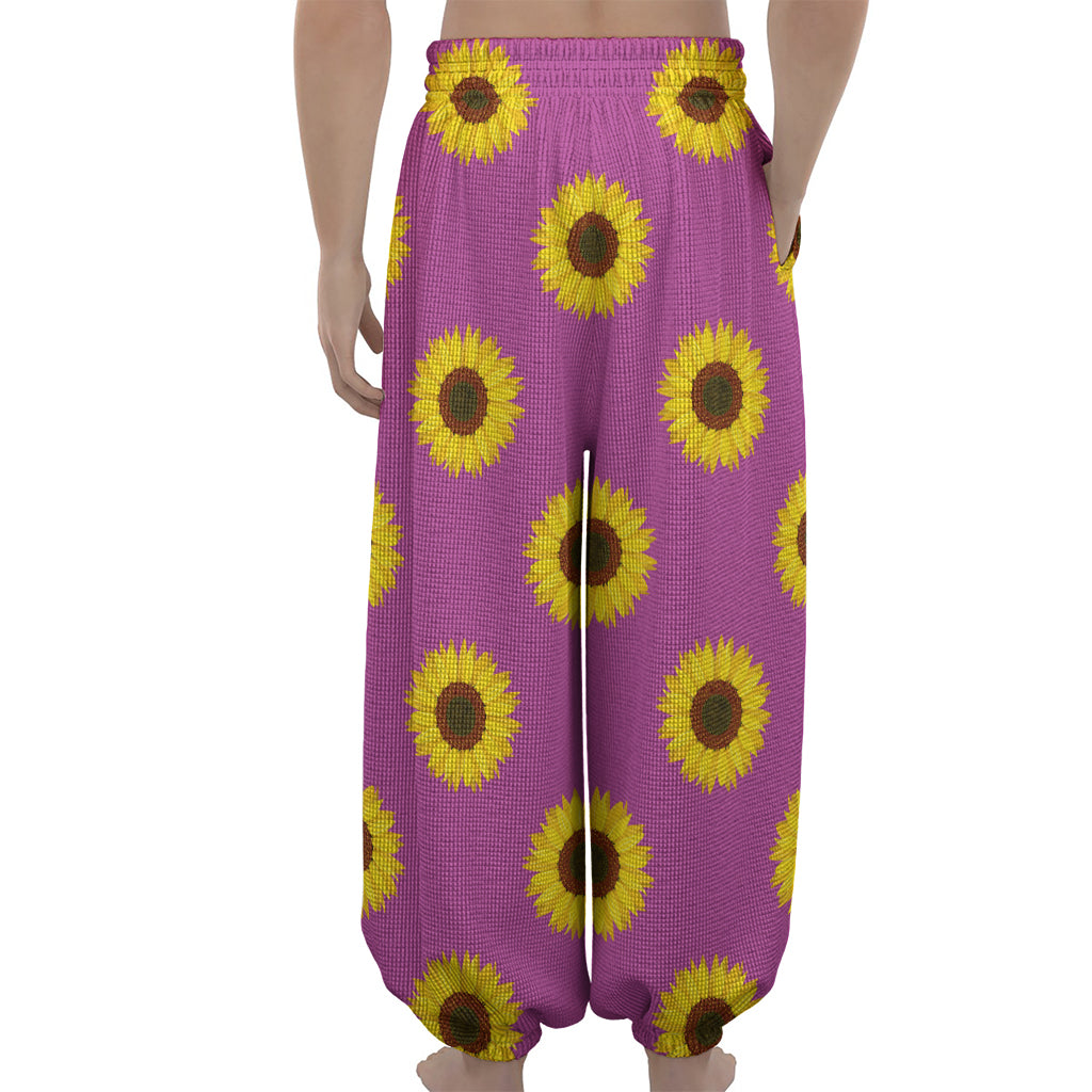 Magenta Pink Sunflower Pattern Print Lantern Pants