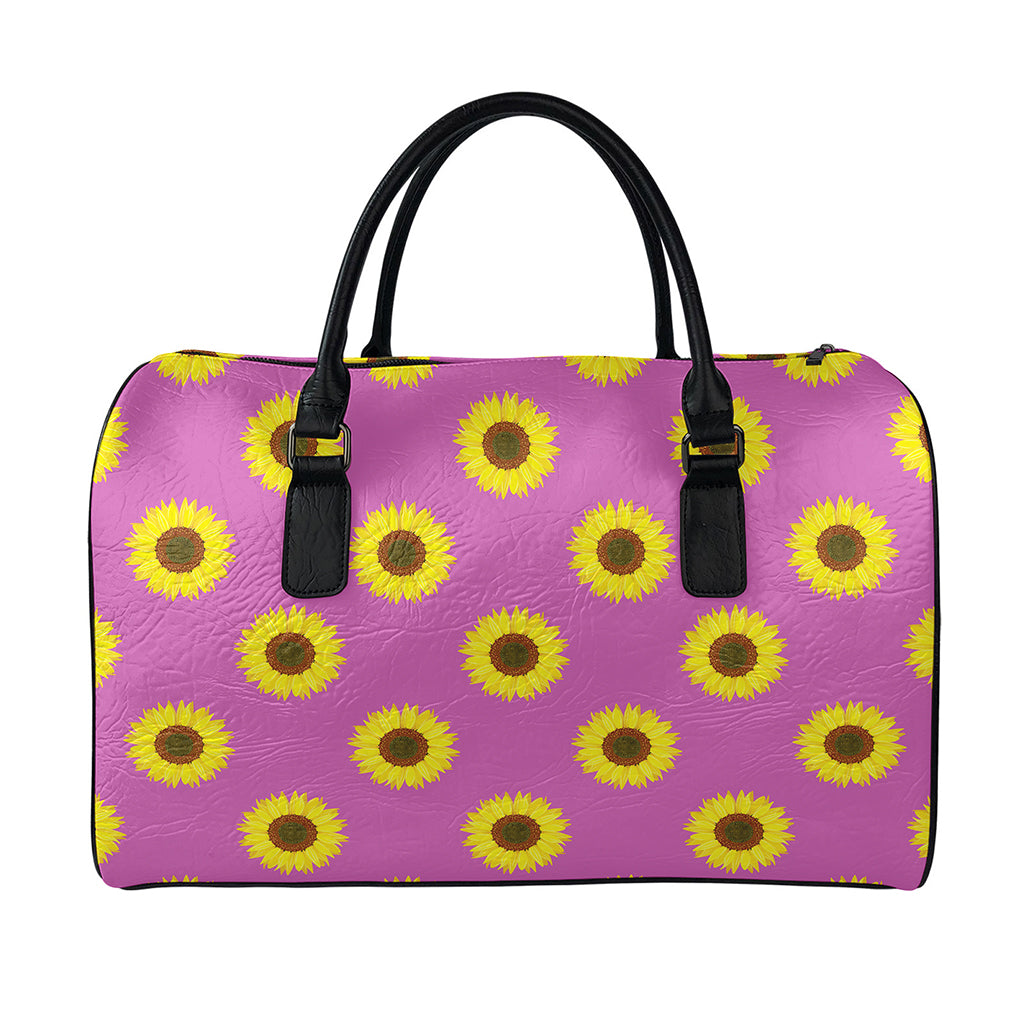 Magenta Pink Sunflower Pattern Print Leather Duffle Bag
