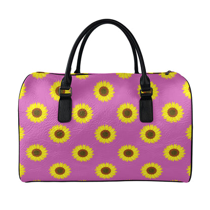 Magenta Pink Sunflower Pattern Print Leather Duffle Bag