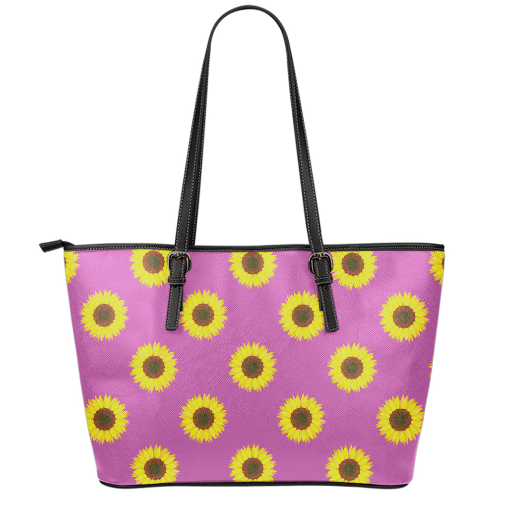 Magenta Pink Sunflower Pattern Print Leather Tote Bag