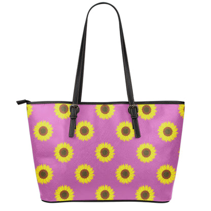 Magenta Pink Sunflower Pattern Print Leather Tote Bag