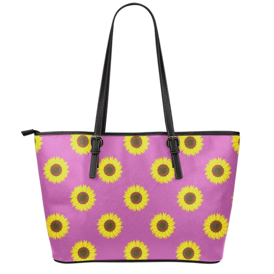 Magenta Pink Sunflower Pattern Print Leather Tote Bag