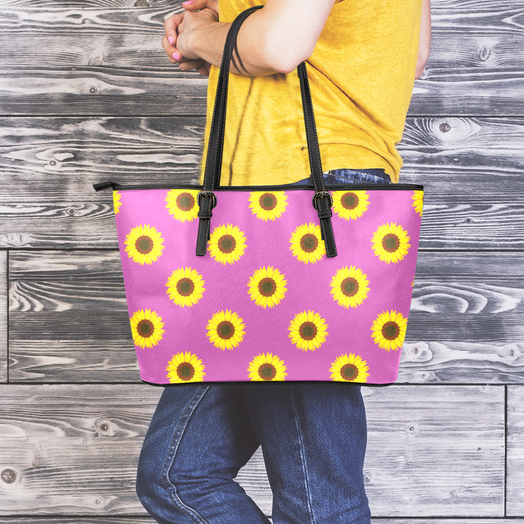 Magenta Pink Sunflower Pattern Print Leather Tote Bag