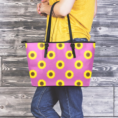 Magenta Pink Sunflower Pattern Print Leather Tote Bag