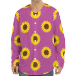 Magenta Pink Sunflower Pattern Print Long Sleeve Baseball Jersey