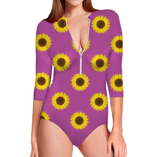 Magenta Pink Sunflower Pattern Print Long Sleeve Swimsuit