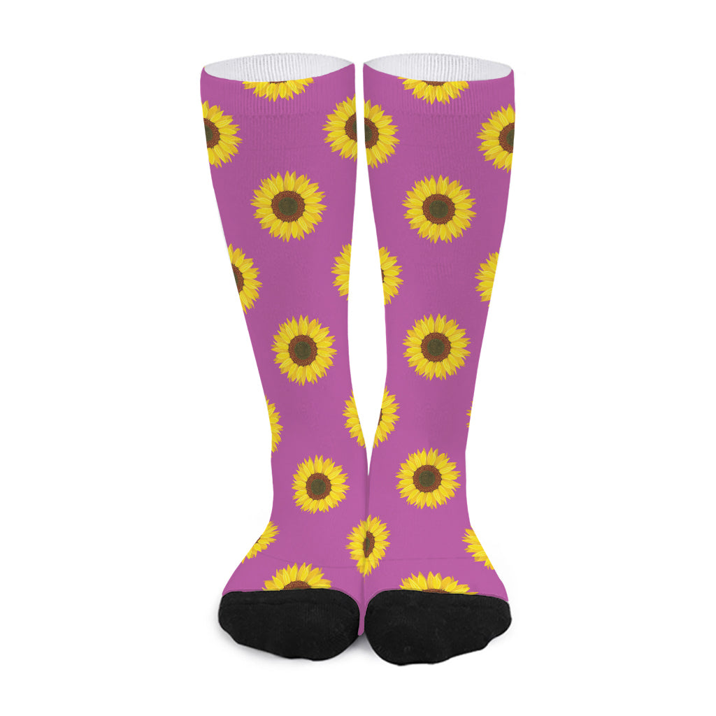 Magenta Pink Sunflower Pattern Print Long Socks