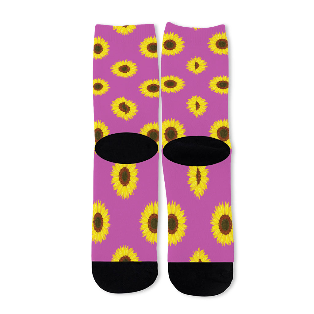 Magenta Pink Sunflower Pattern Print Long Socks