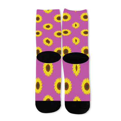 Magenta Pink Sunflower Pattern Print Long Socks
