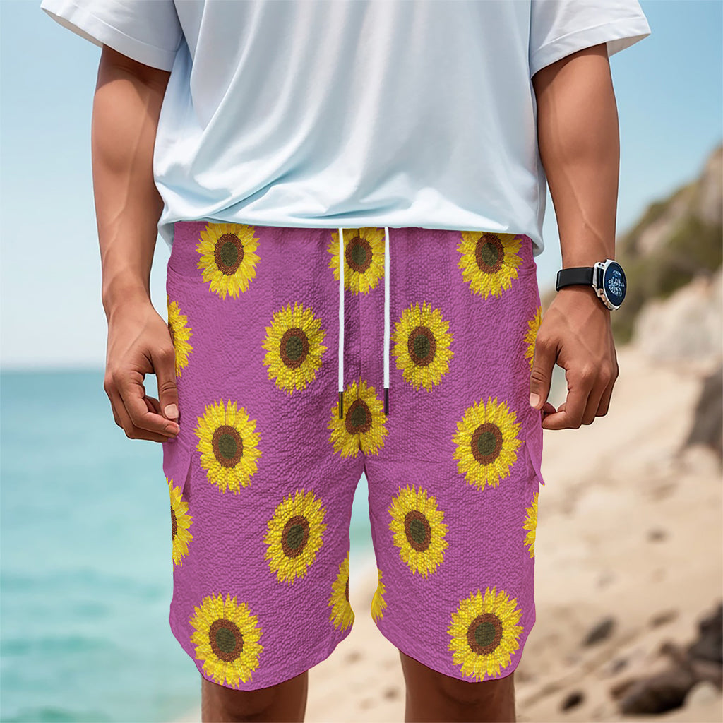 Magenta Pink Sunflower Pattern Print Men's Cargo Shorts