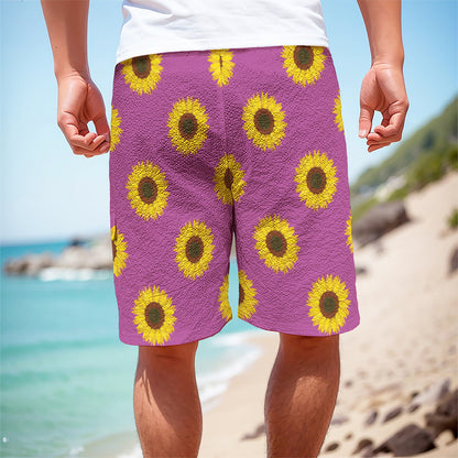 Magenta Pink Sunflower Pattern Print Men's Cargo Shorts