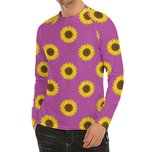 Magenta Pink Sunflower Pattern Print Men's Long Sleeve Rash Guard