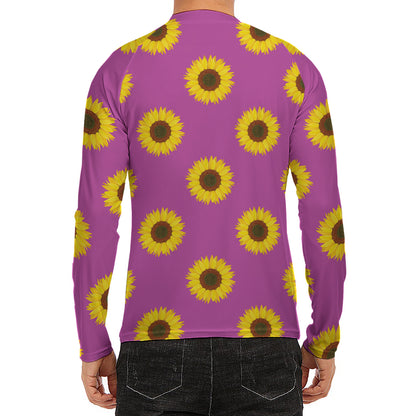 Magenta Pink Sunflower Pattern Print Men's Long Sleeve Rash Guard