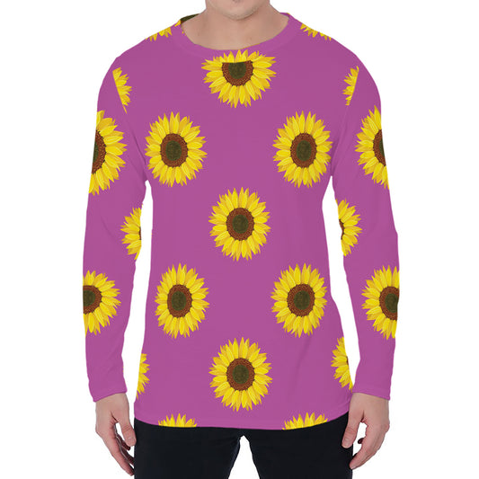 Magenta Pink Sunflower Pattern Print Men's Long Sleeve T-Shirt