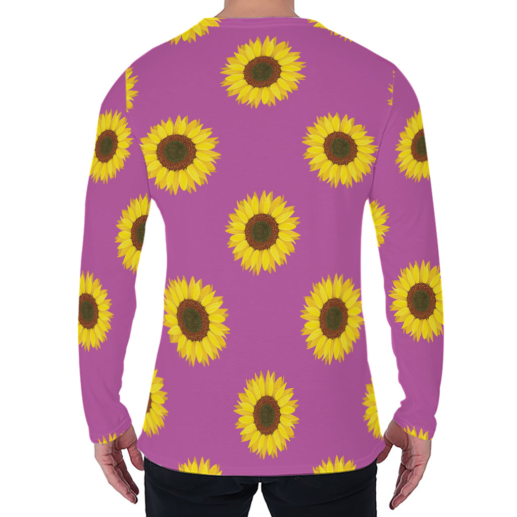 Magenta Pink Sunflower Pattern Print Men's Long Sleeve T-Shirt
