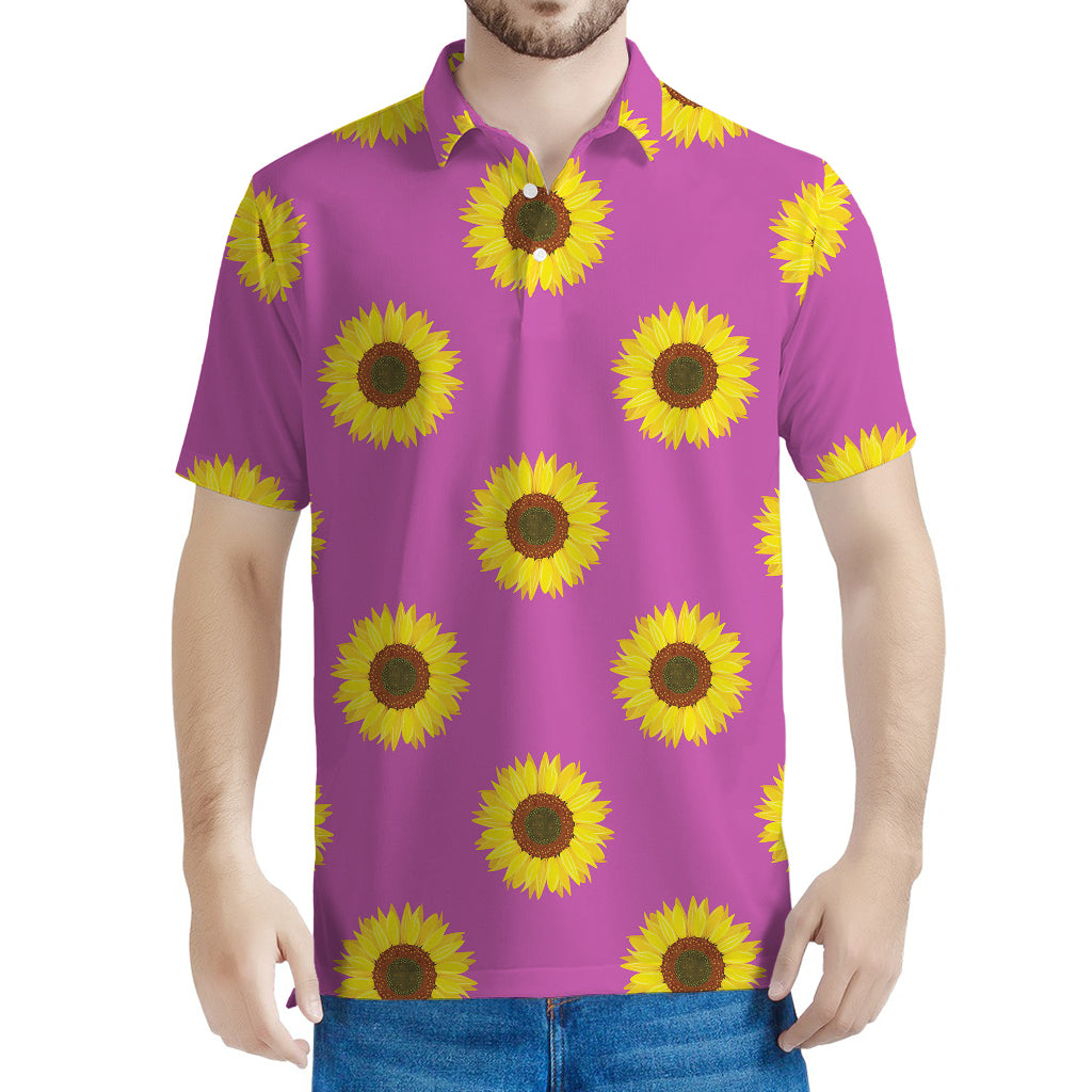 Magenta Pink Sunflower Pattern Print Men's Polo Shirt