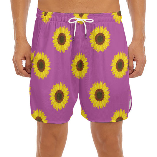 Magenta Pink Sunflower Pattern Print Men's Split Running Shorts