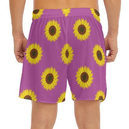 Magenta Pink Sunflower Pattern Print Men's Split Running Shorts