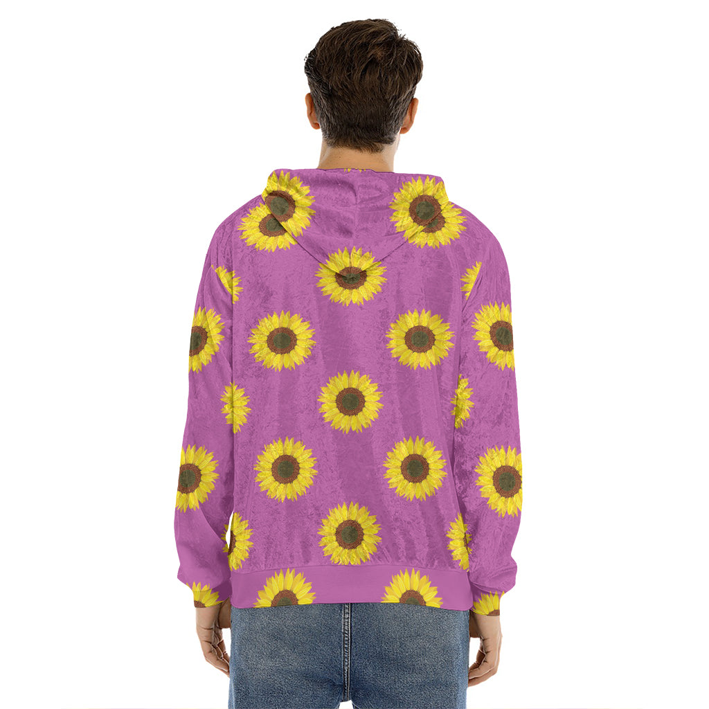 Magenta Pink Sunflower Pattern Print Men's Velvet Pullover Hoodie