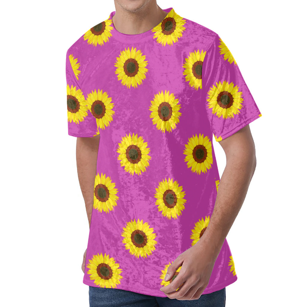 Magenta Pink Sunflower Pattern Print Men's Velvet T-Shirt