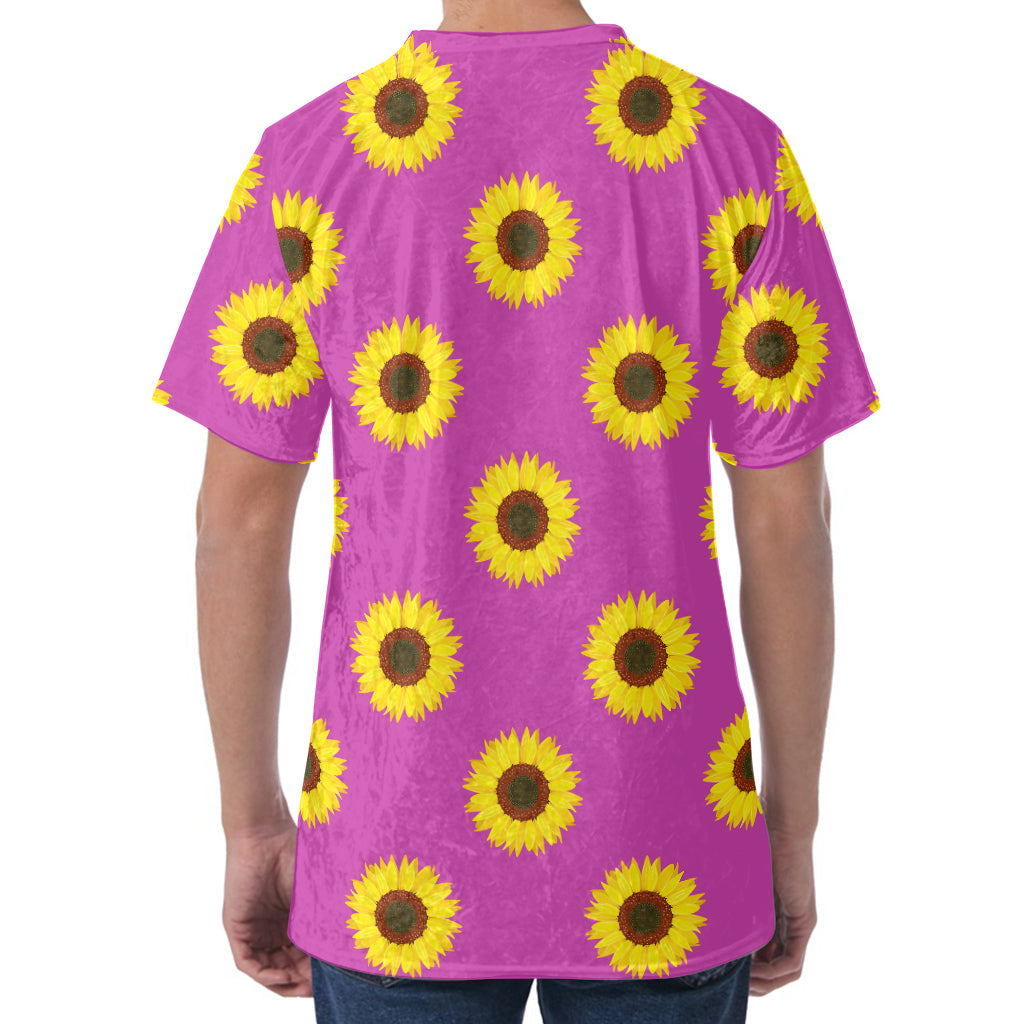 Magenta Pink Sunflower Pattern Print Men's Velvet T-Shirt