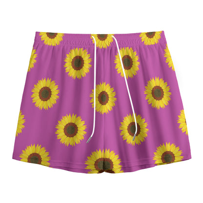 Magenta Pink Sunflower Pattern Print Mesh Shorts