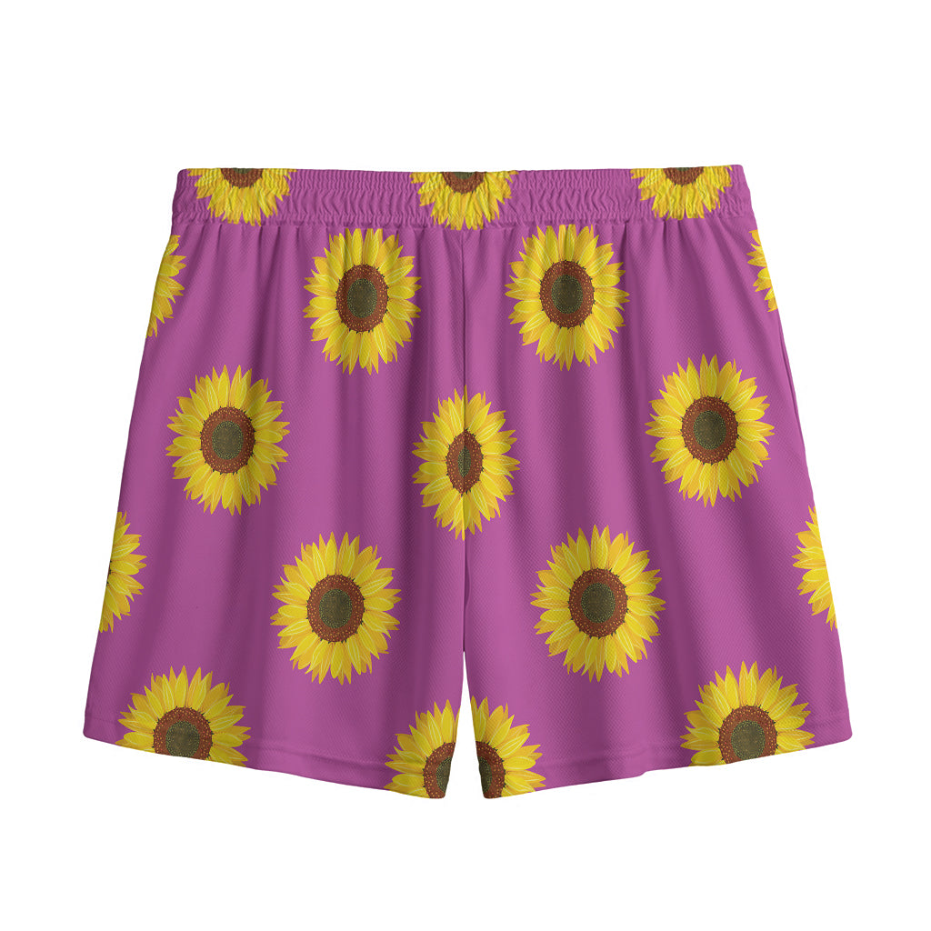 Magenta Pink Sunflower Pattern Print Mesh Shorts