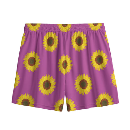 Magenta Pink Sunflower Pattern Print Mesh Shorts