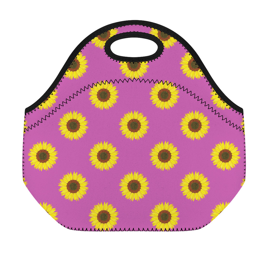 Magenta Pink Sunflower Pattern Print Neoprene Lunch Bag