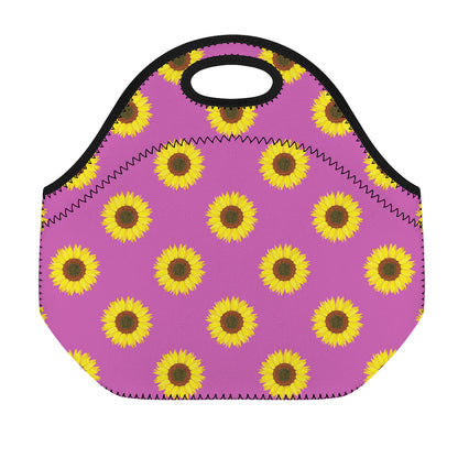 Magenta Pink Sunflower Pattern Print Neoprene Lunch Bag