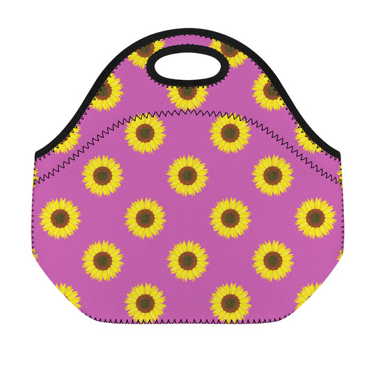 Magenta Pink Sunflower Pattern Print Neoprene Lunch Bag