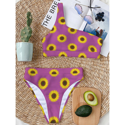 Magenta Pink Sunflower Pattern Print One Shoulder Bikini Top