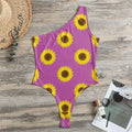 Magenta Pink Sunflower Pattern Print One Shoulder Bodysuit