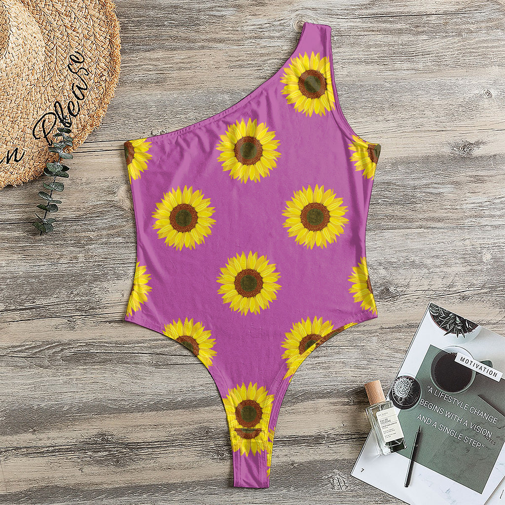 Magenta Pink Sunflower Pattern Print One Shoulder Bodysuit
