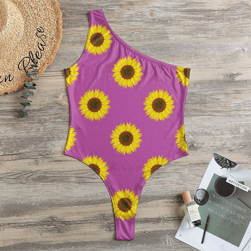 Magenta Pink Sunflower Pattern Print One Shoulder Bodysuit