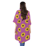 Magenta Pink Sunflower Pattern Print Open Front Beach Cover Up