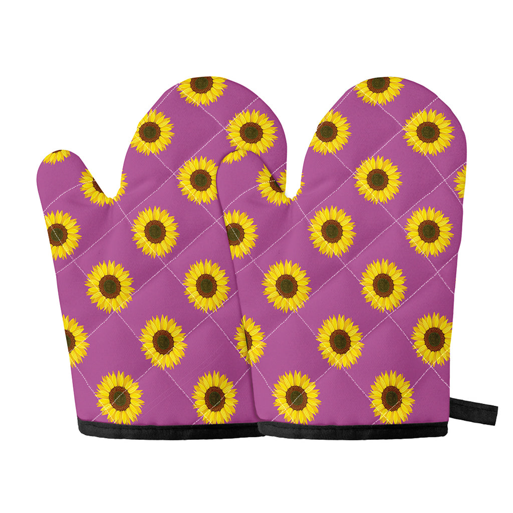 Magenta Pink Sunflower Pattern Print Oven Mitts