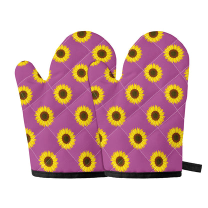 Magenta Pink Sunflower Pattern Print Oven Mitts