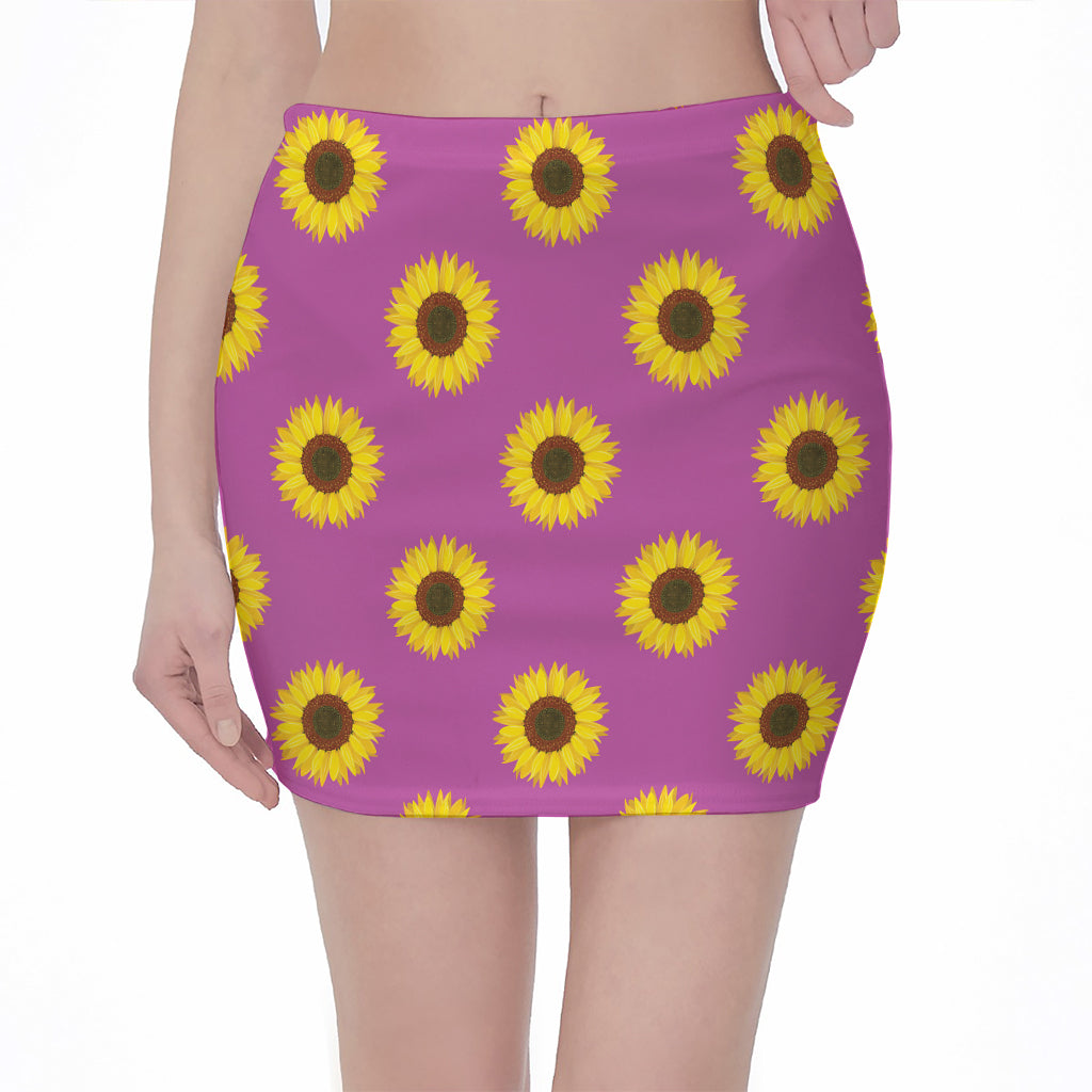 Magenta Pink Sunflower Pattern Print Pencil Mini Skirt