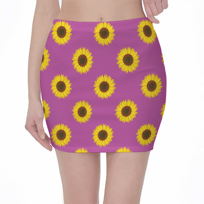 Magenta Pink Sunflower Pattern Print Pencil Mini Skirt