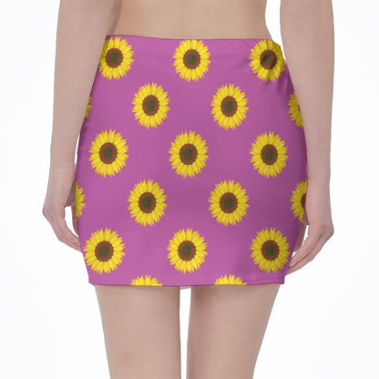 Magenta Pink Sunflower Pattern Print Pencil Mini Skirt