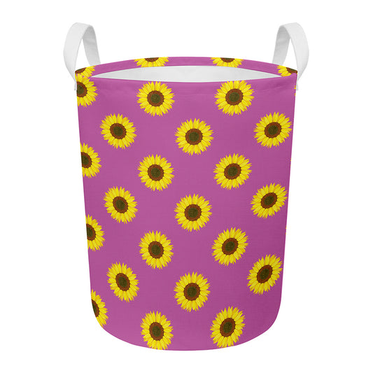 Magenta Pink Sunflower Pattern Print Round Laundry Basket