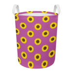 Magenta Pink Sunflower Pattern Print Round Laundry Basket