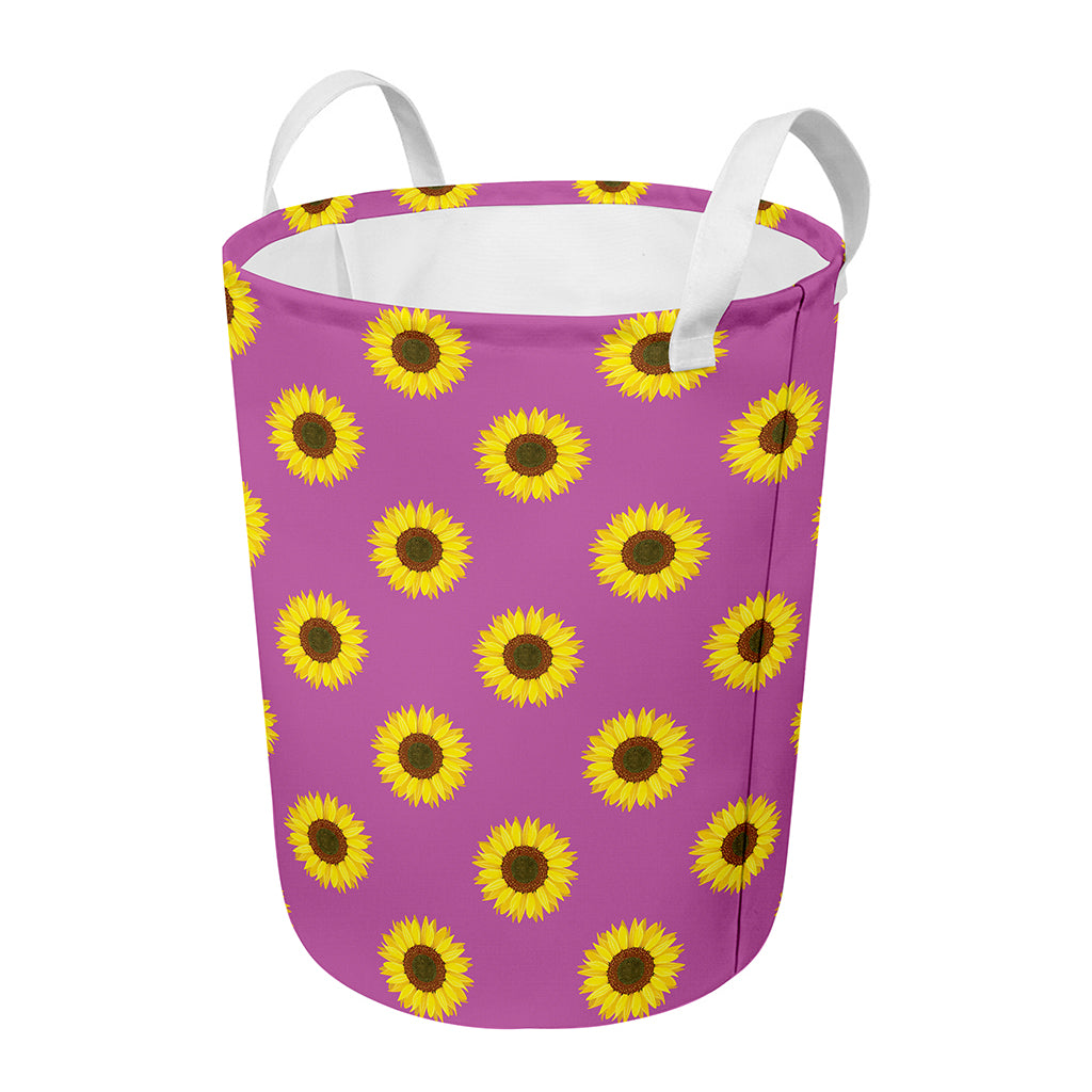 Magenta Pink Sunflower Pattern Print Round Laundry Basket