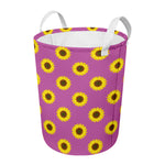 Magenta Pink Sunflower Pattern Print Round Laundry Basket