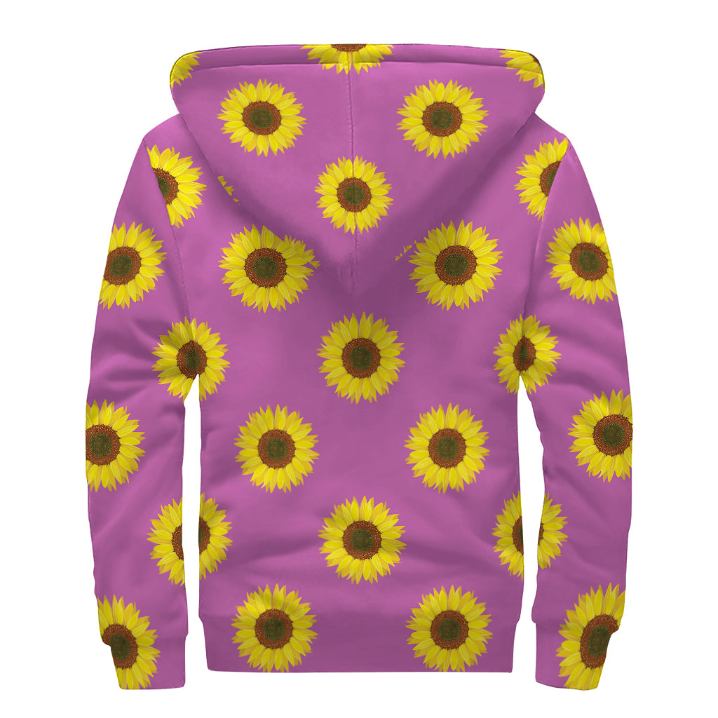 Magenta Pink Sunflower Pattern Print Sherpa Lined Zip Up Hoodie