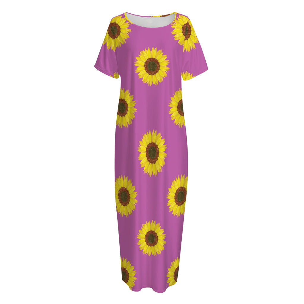 Magenta Pink Sunflower Pattern Print Short Sleeve Long Nightdress