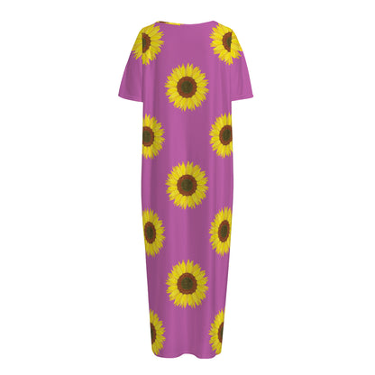Magenta Pink Sunflower Pattern Print Short Sleeve Long Nightdress