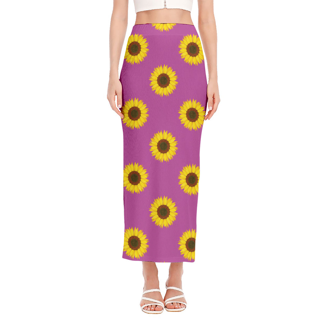 Magenta Pink Sunflower Pattern Print Side Slit Maxi Skirt